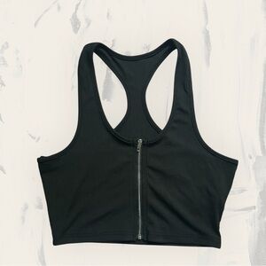 Black Zip-Front Sports Bra – Ribbed Racerback, Size Small